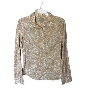 Pure Collection Cotton Tan/White Floral Long Sleeve Button Front Shirt Size 12